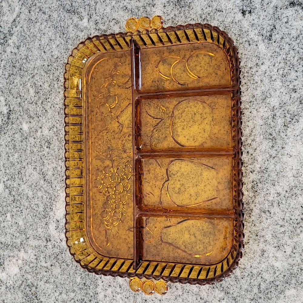 Vintage Amber Indiana Glass Embossed Serving Platter/Tray